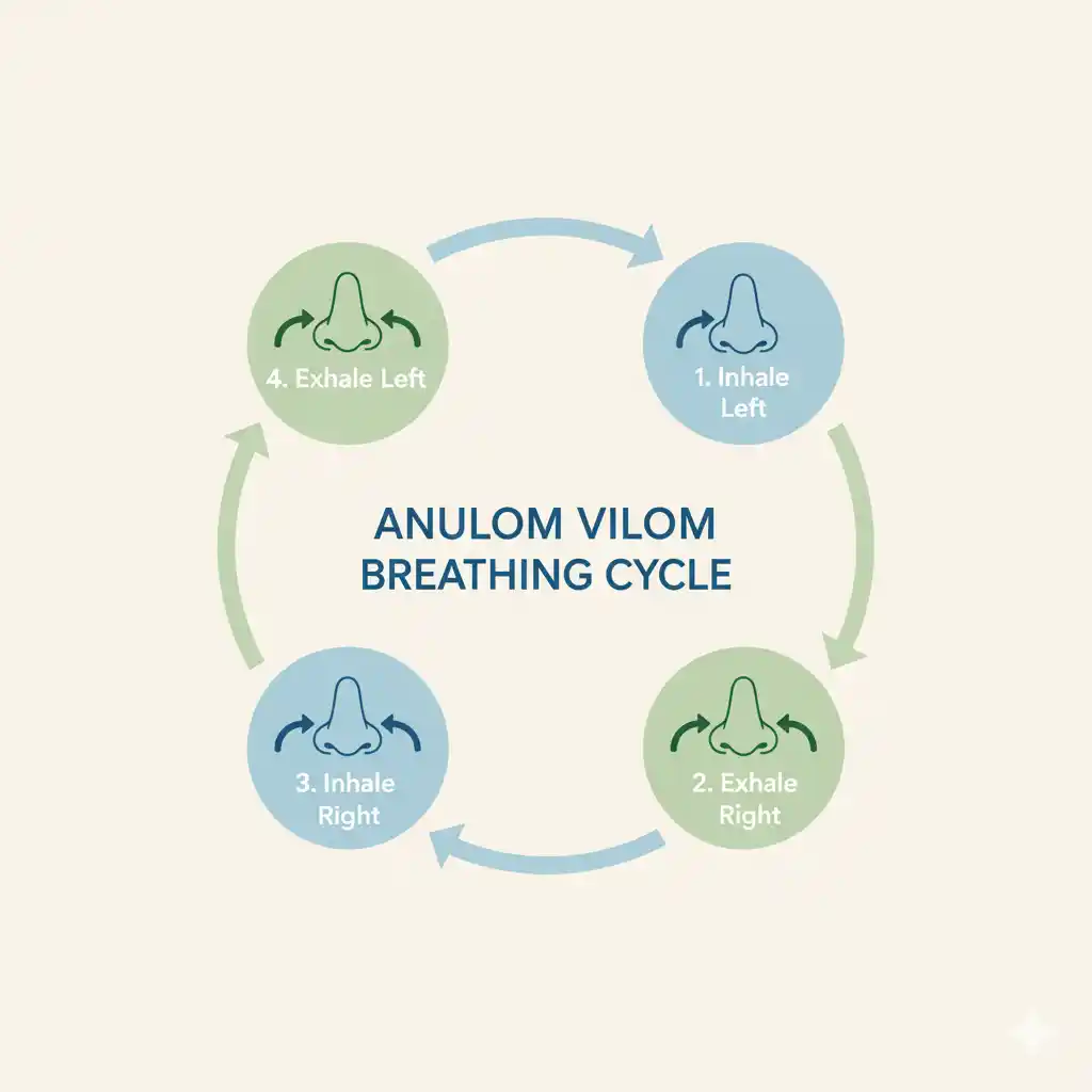 A clean infographic showing the four stages of the Anulom Vilom breathing cycle in a circular flow.