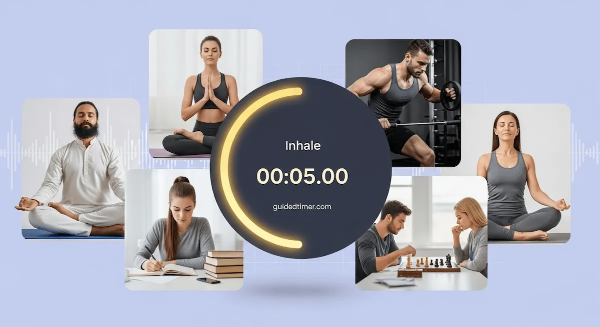 A composite image showing people meditating, doing yoga, working out, and studying, all centered around a timer.